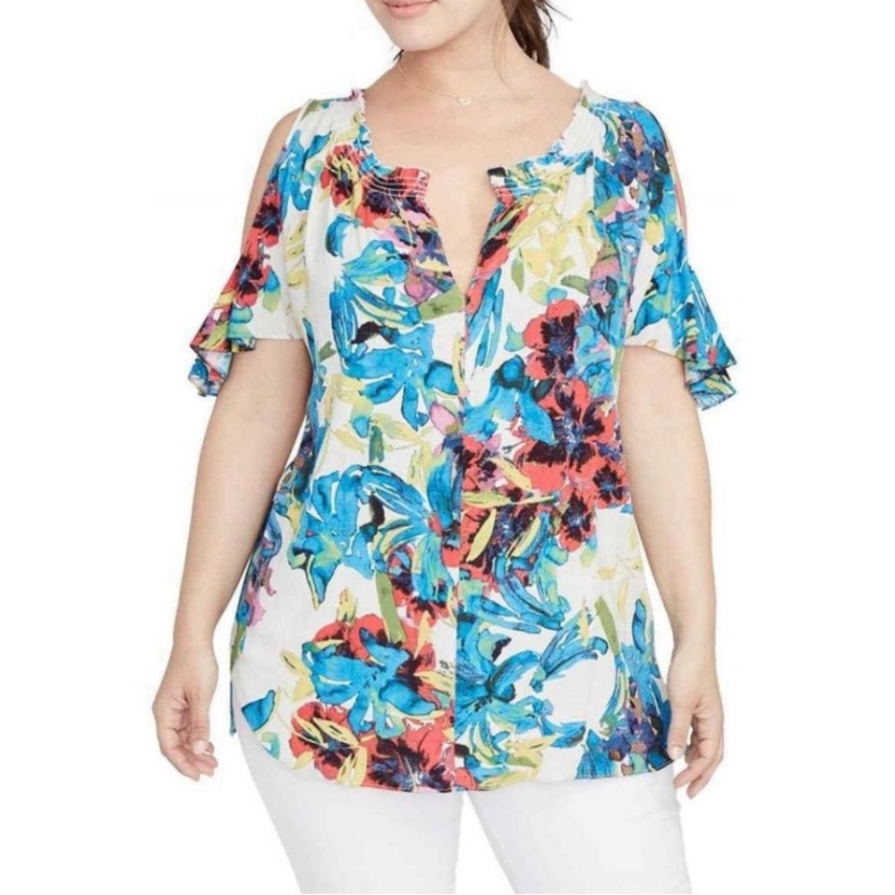 RACHEL Rachel Roy Blue and Red Flutter Sleeve Blouse